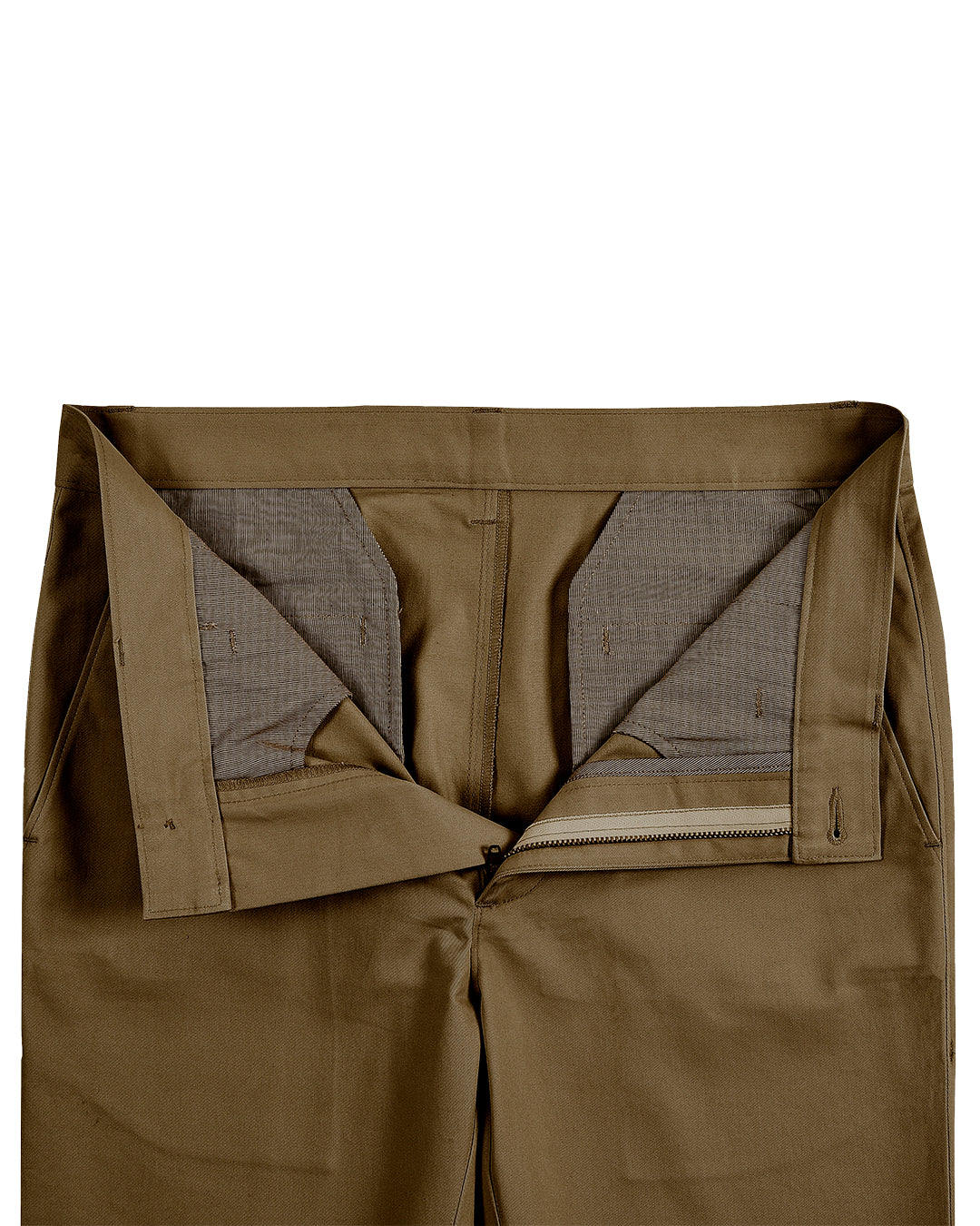 Open front view of custom Genoa Chino pants for men by Luxire in copper
