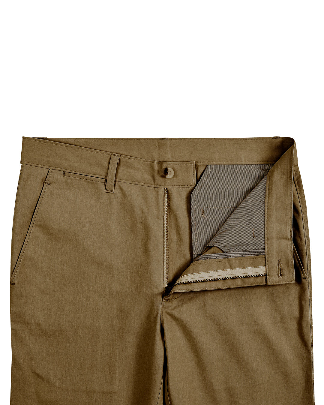 Front open view of custom Genoa Chino pants for men by Luxire in copper