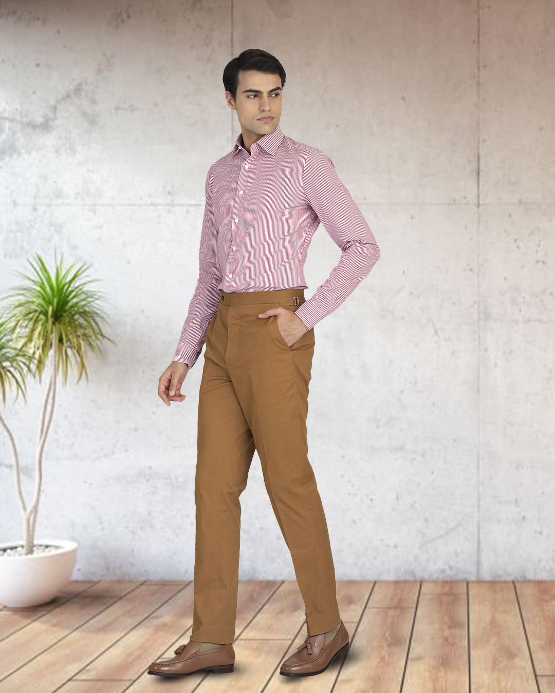 Model wearing custom Genoa Chino pants for men by Luxire in copper hand in pocket