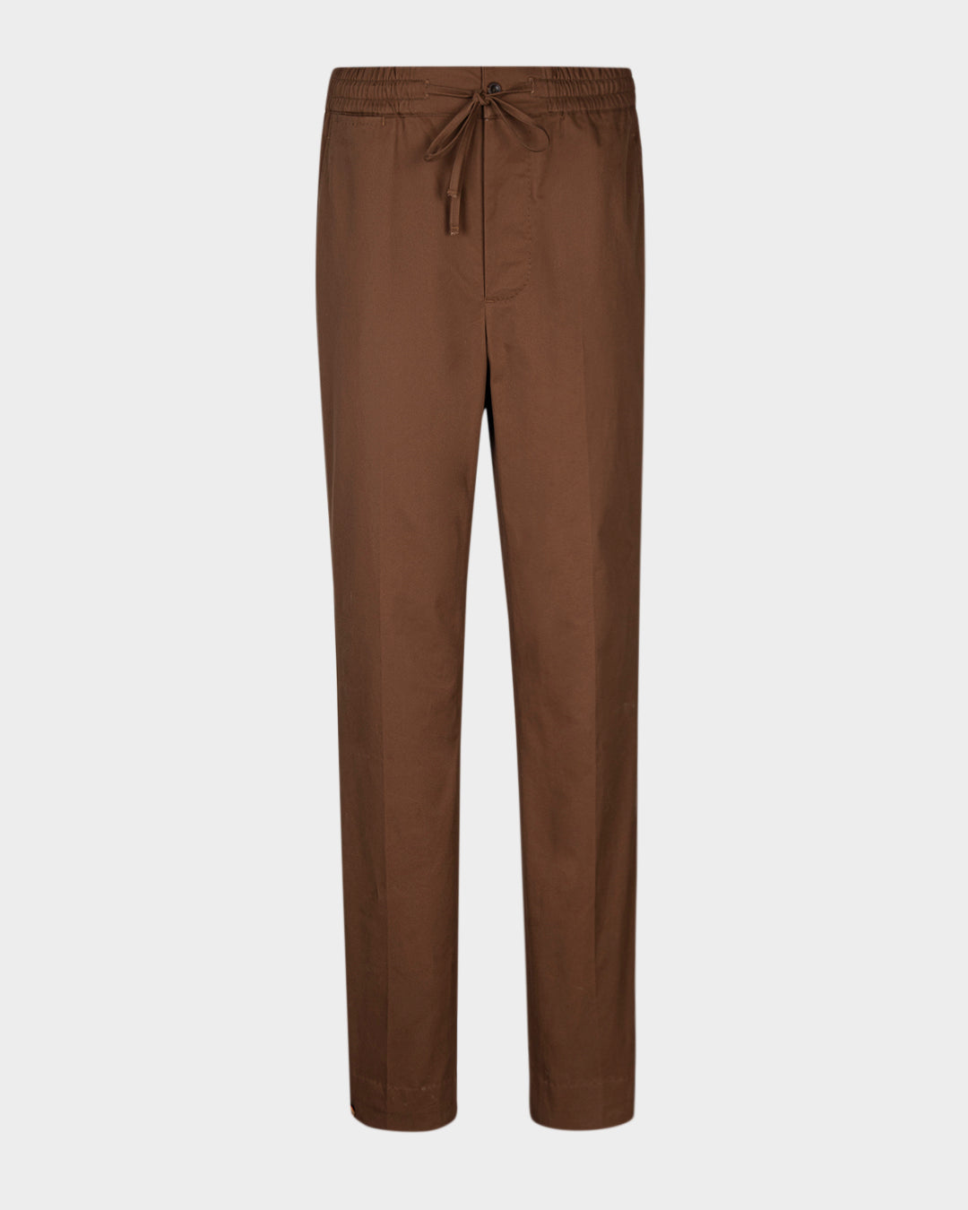 Front view of custom Genoa drawstring pants for men by Luxire in coffee brown