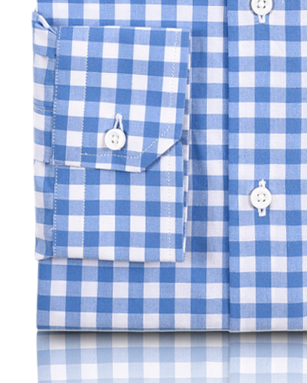 Close up view of custom check shirts for men by Luxire blue on white broad