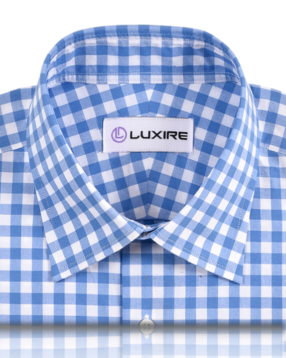 Front close view of custom check shirts for men by Luxire blue on white broad