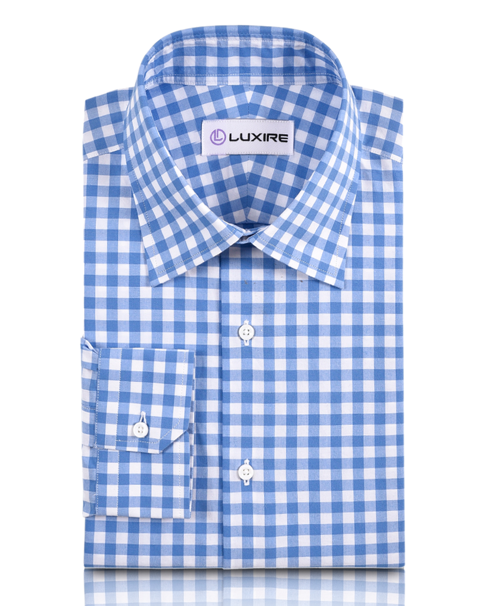 Front view of custom check shirts for men by Luxire blue on white broad