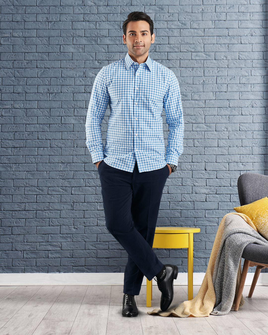 Model wearing custom check shirts for men by Luxire blue on white broad blue background