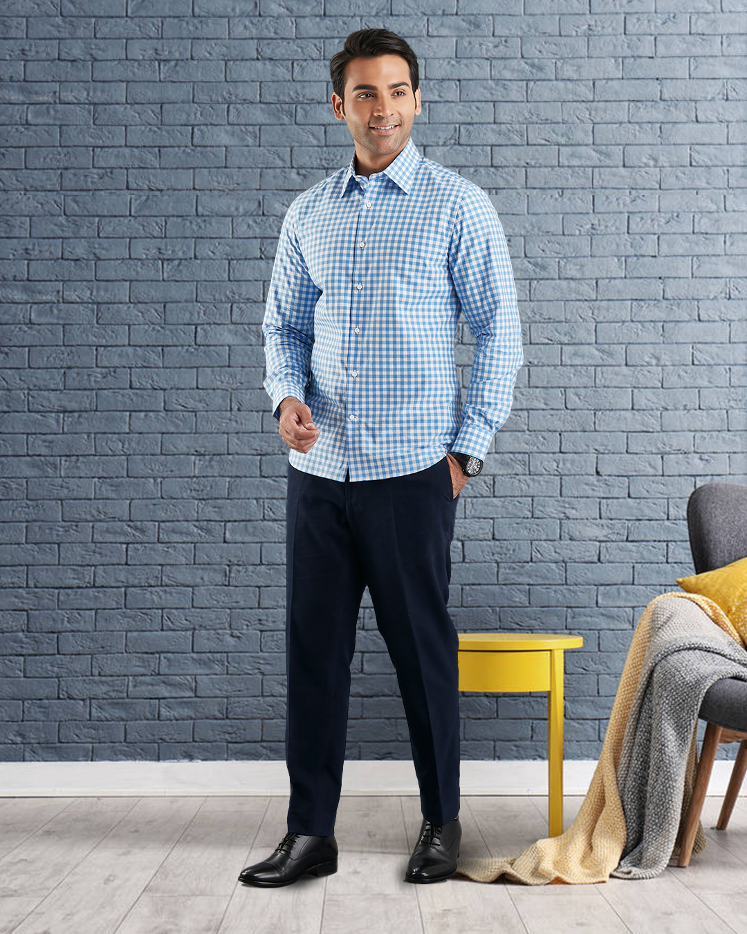 Model wearing custom check shirts for men by Luxire blue on white broad hands at side