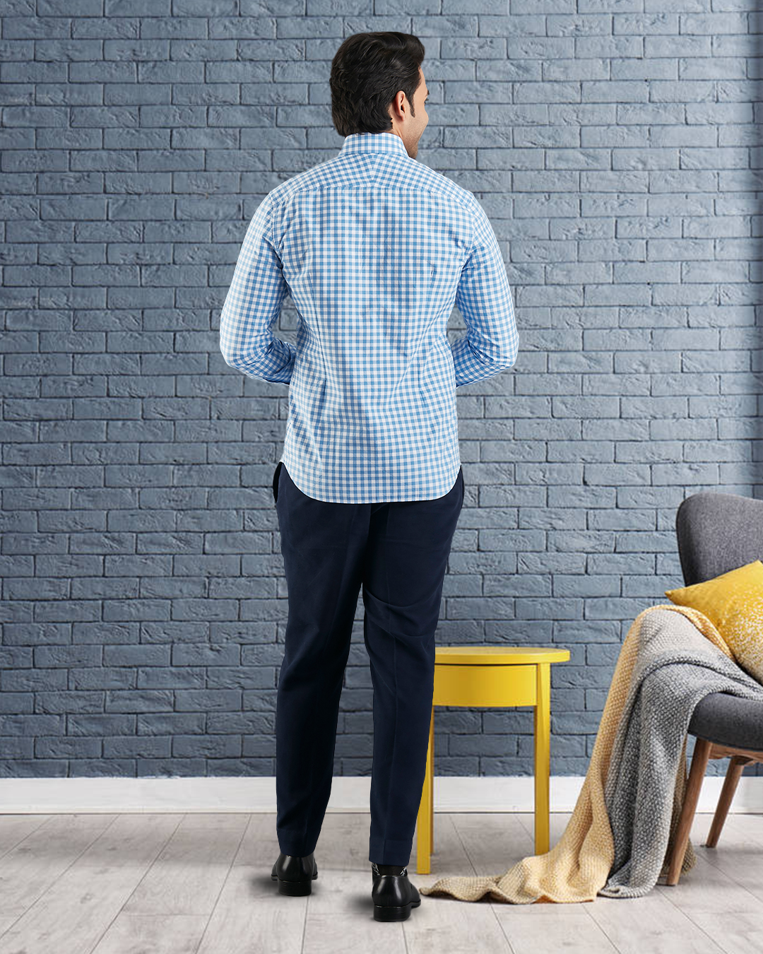 Back of model wearing custom check shirts for men by Luxire blue on white broad