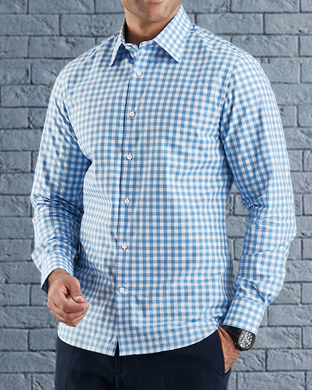 Model wearing custom check shirts for men by Luxire blue on white broad