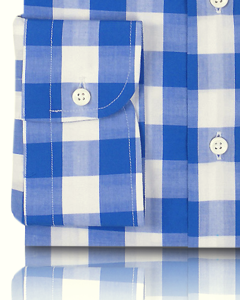 Close up view of custom check shirts for men by Luxire in blue white macro