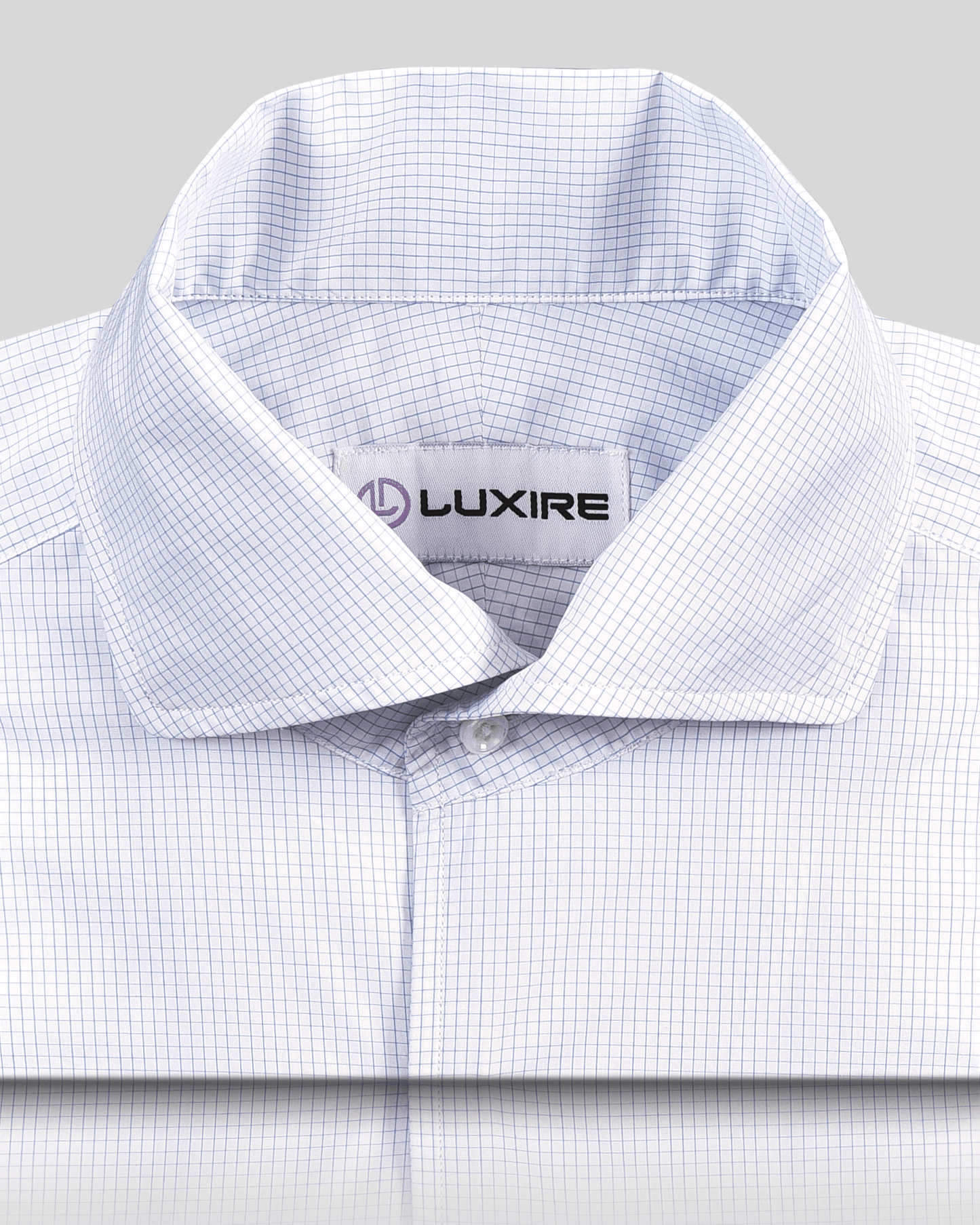 Front close view of custom check shirts for men by Luxire brembana white and blue