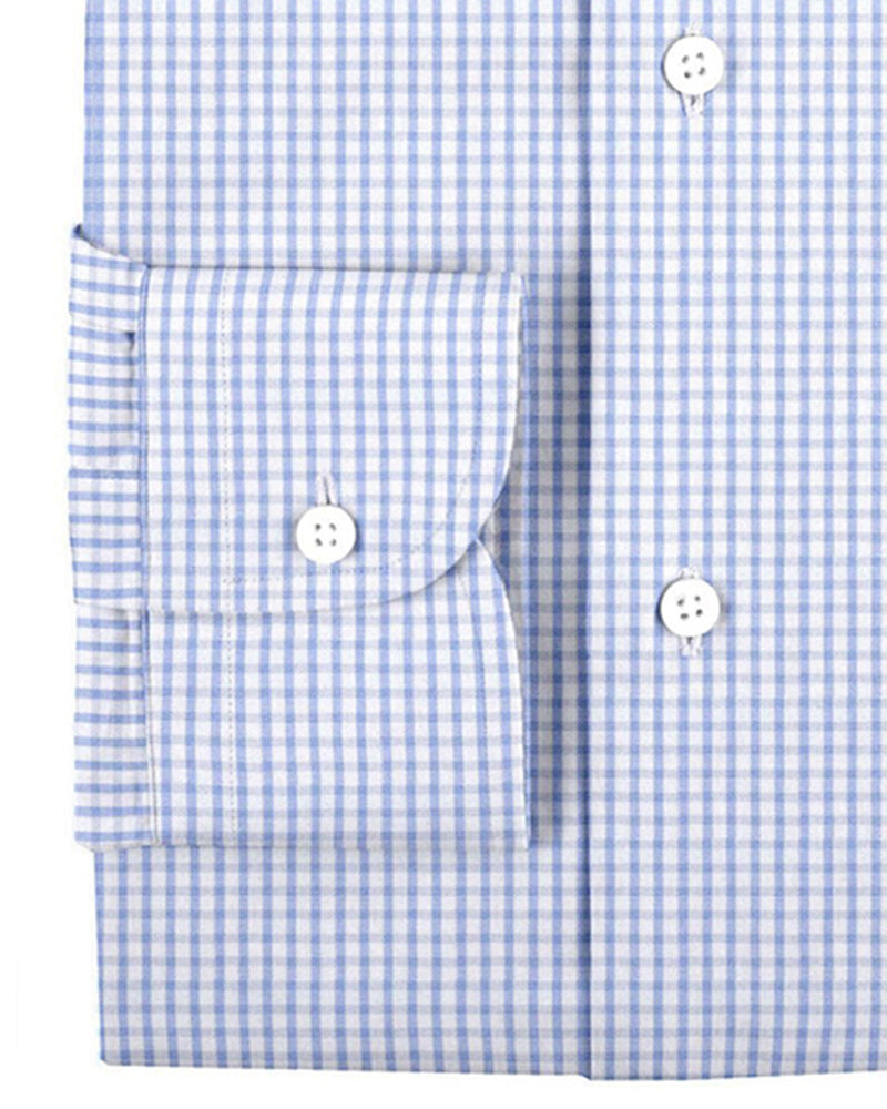 Close up cuff view of custom check shirts for men by Luxire blue pink and white