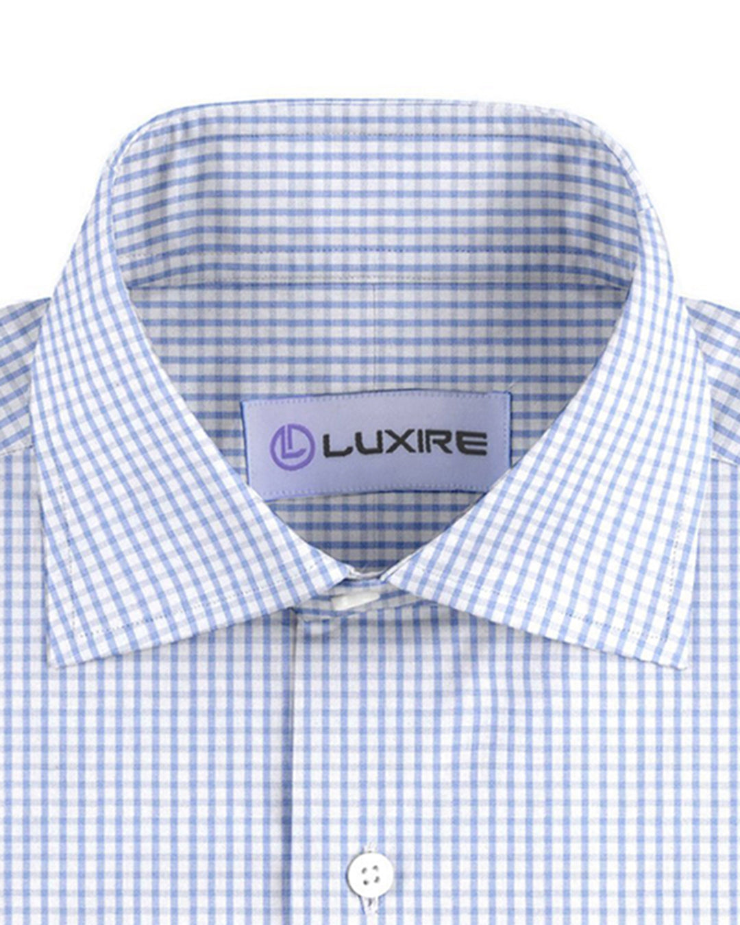Front close view of custom check shirts for men by Luxire blue pink and white