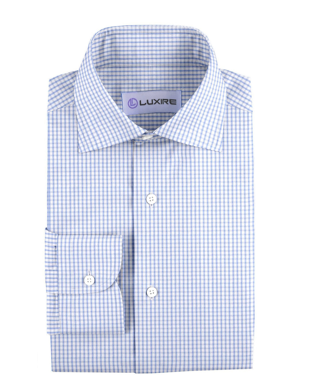 Front view of custom check shirts for men by Luxire blue pink and white