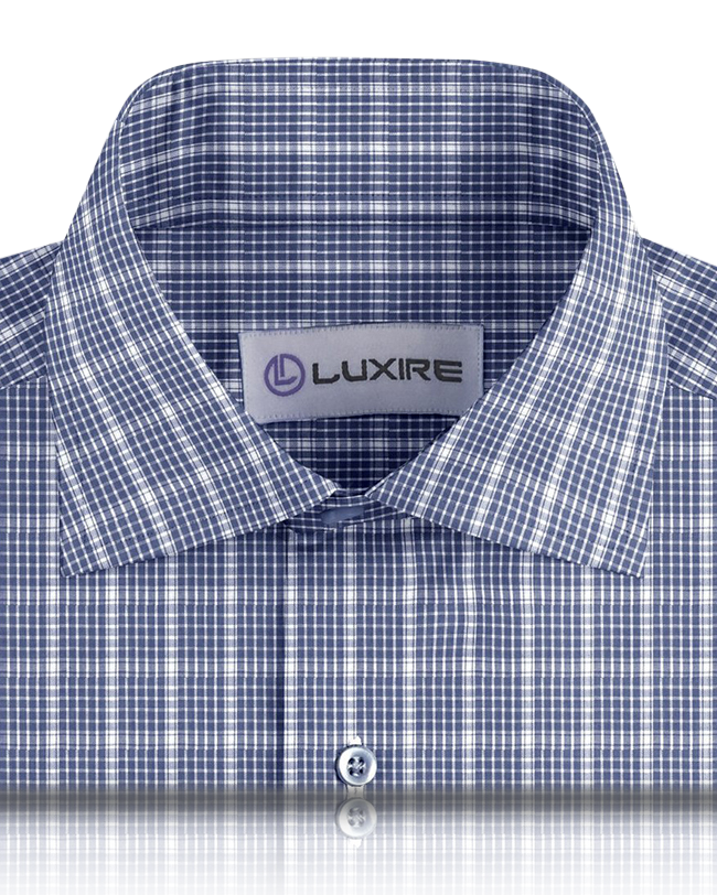 Front close view of custom check shirts for men by Luxire dark blue and white graph