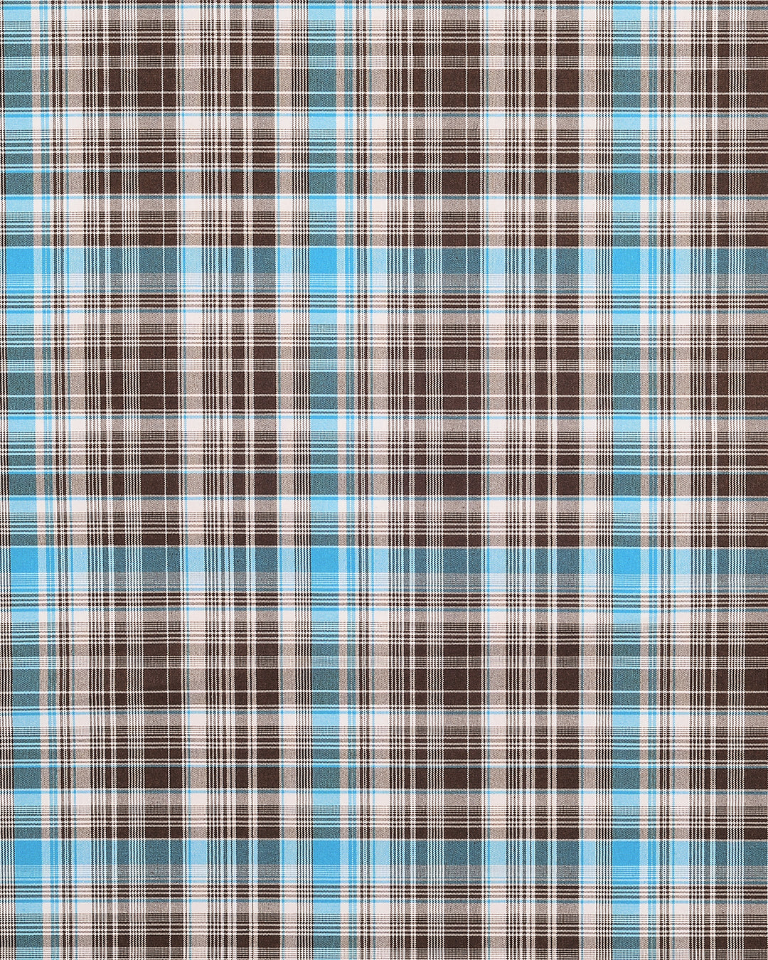 Closeup view of custom check shirts for men by Luxire choco brown and blue
