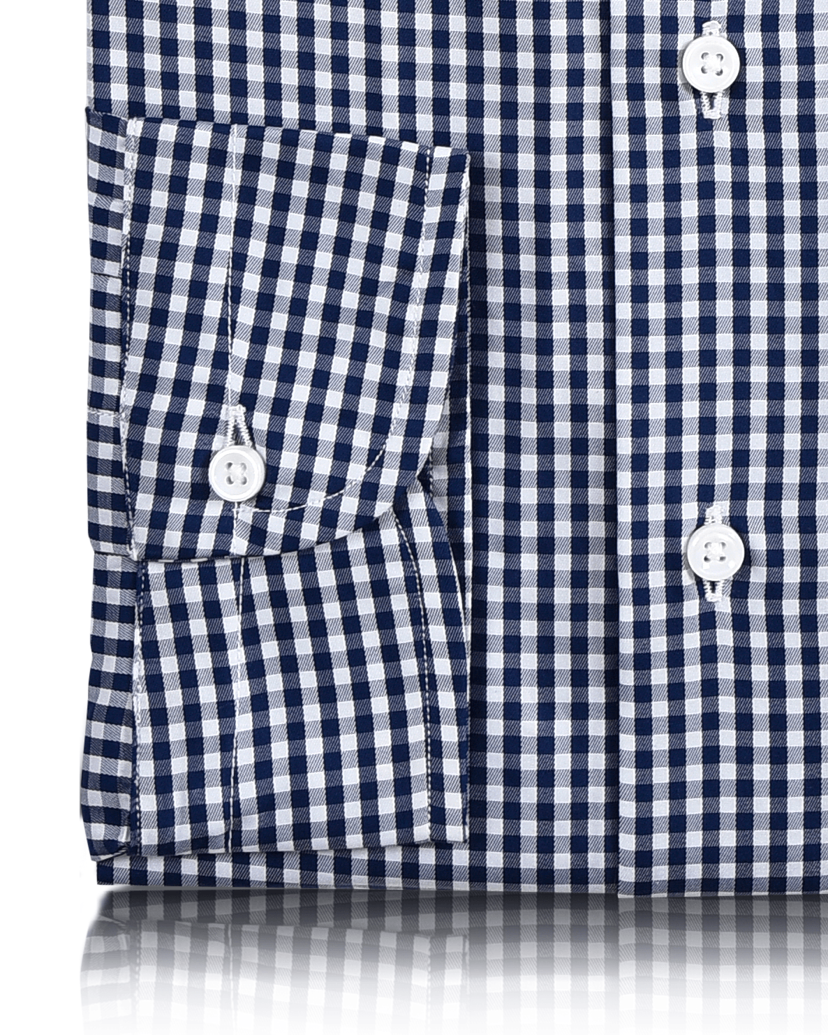 Close up view of custom check shirts for men by Luxire dark denim blue on white