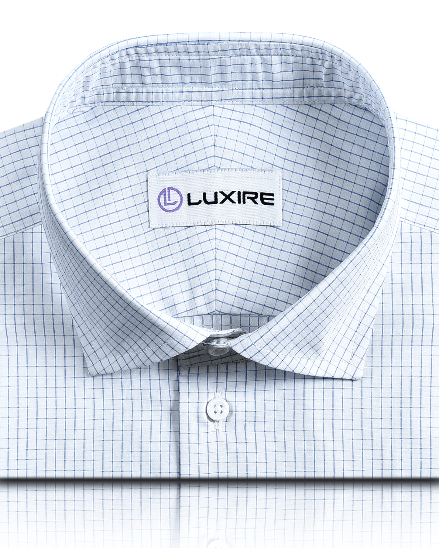 Front close view of custom check shirts for men by Luxire in blue graph natural touch of silk