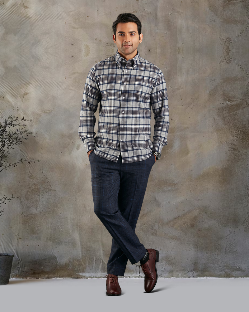 Dark Gull Grey Navy Plaid Flannel Shirt