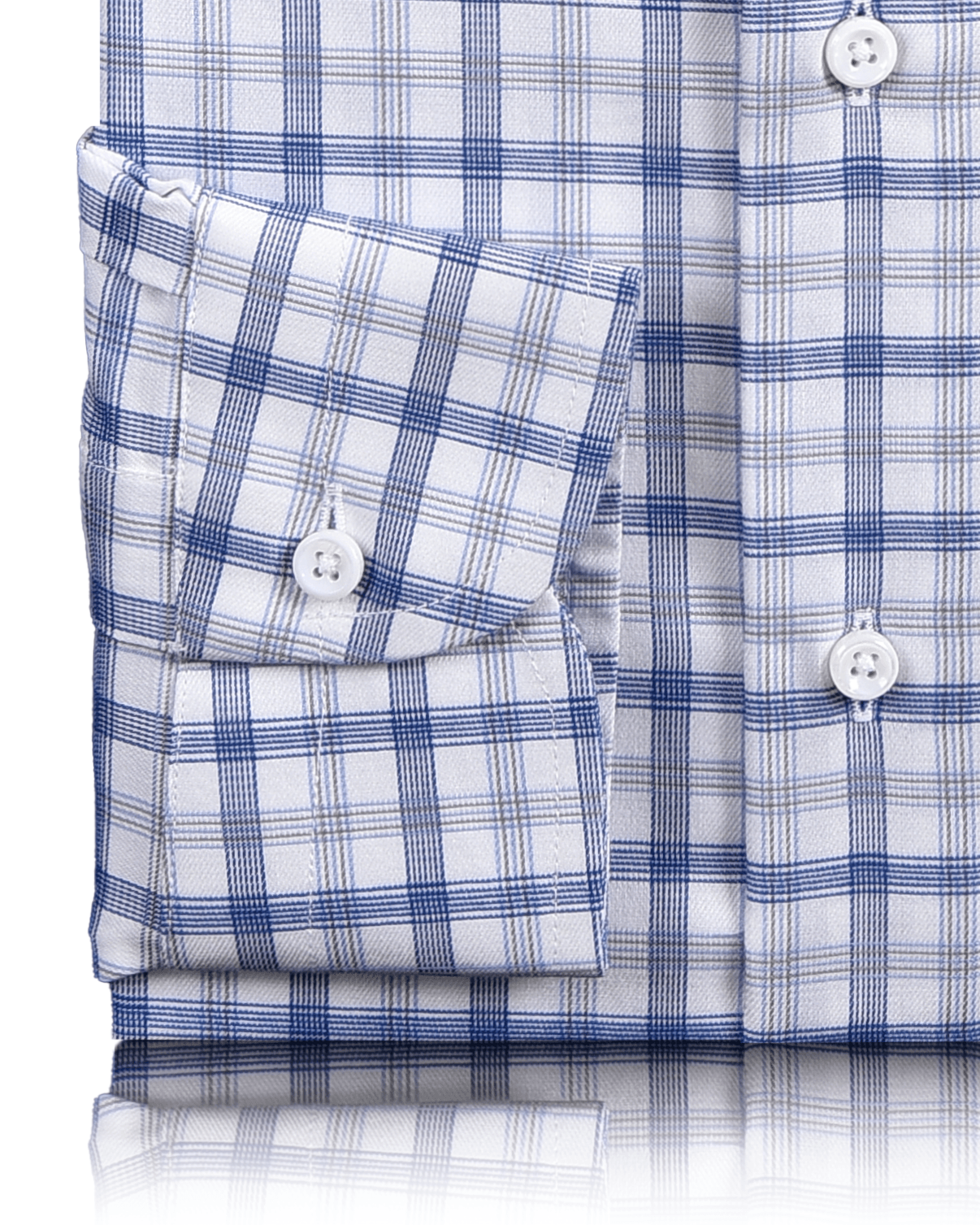 Close up view of custom check shirts for men by Luxire in monti blue grey tattersall