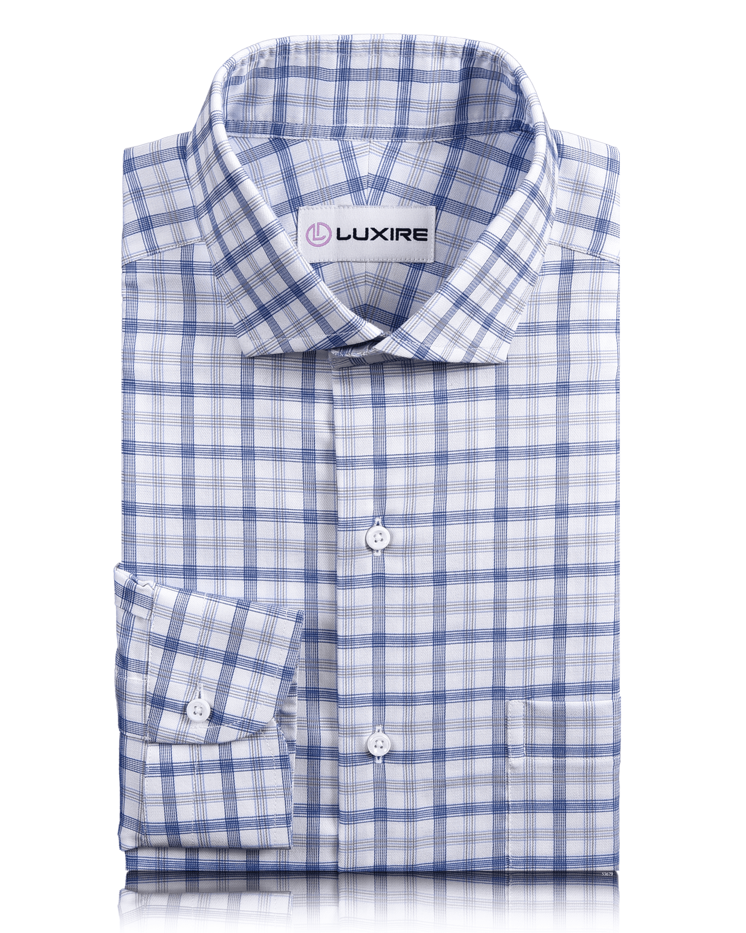 Front view of custom check shirts for men by Luxire in monti blue grey tattersall