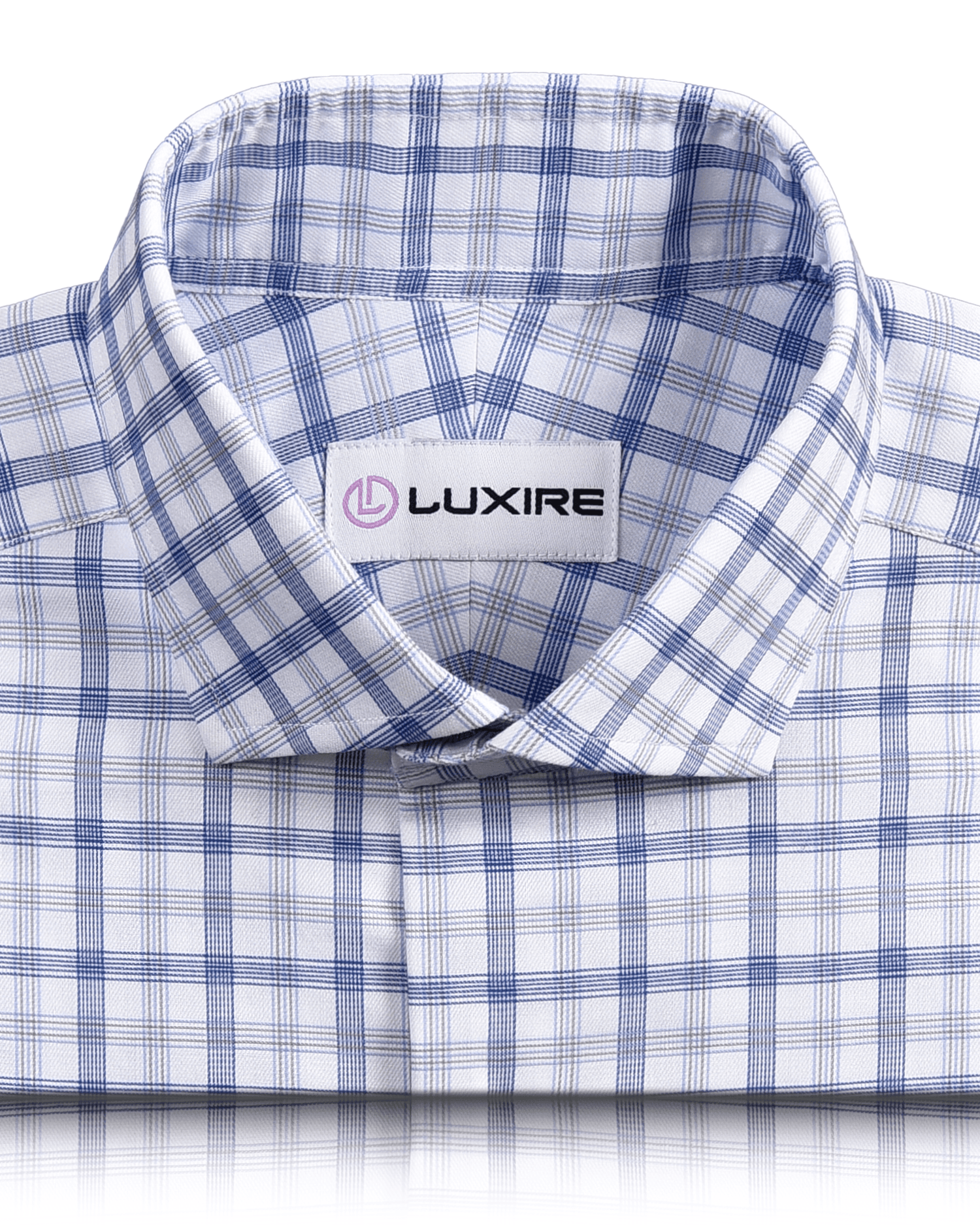 Front close view of custom check shirts for men by Luxire in monti blue grey tattersall