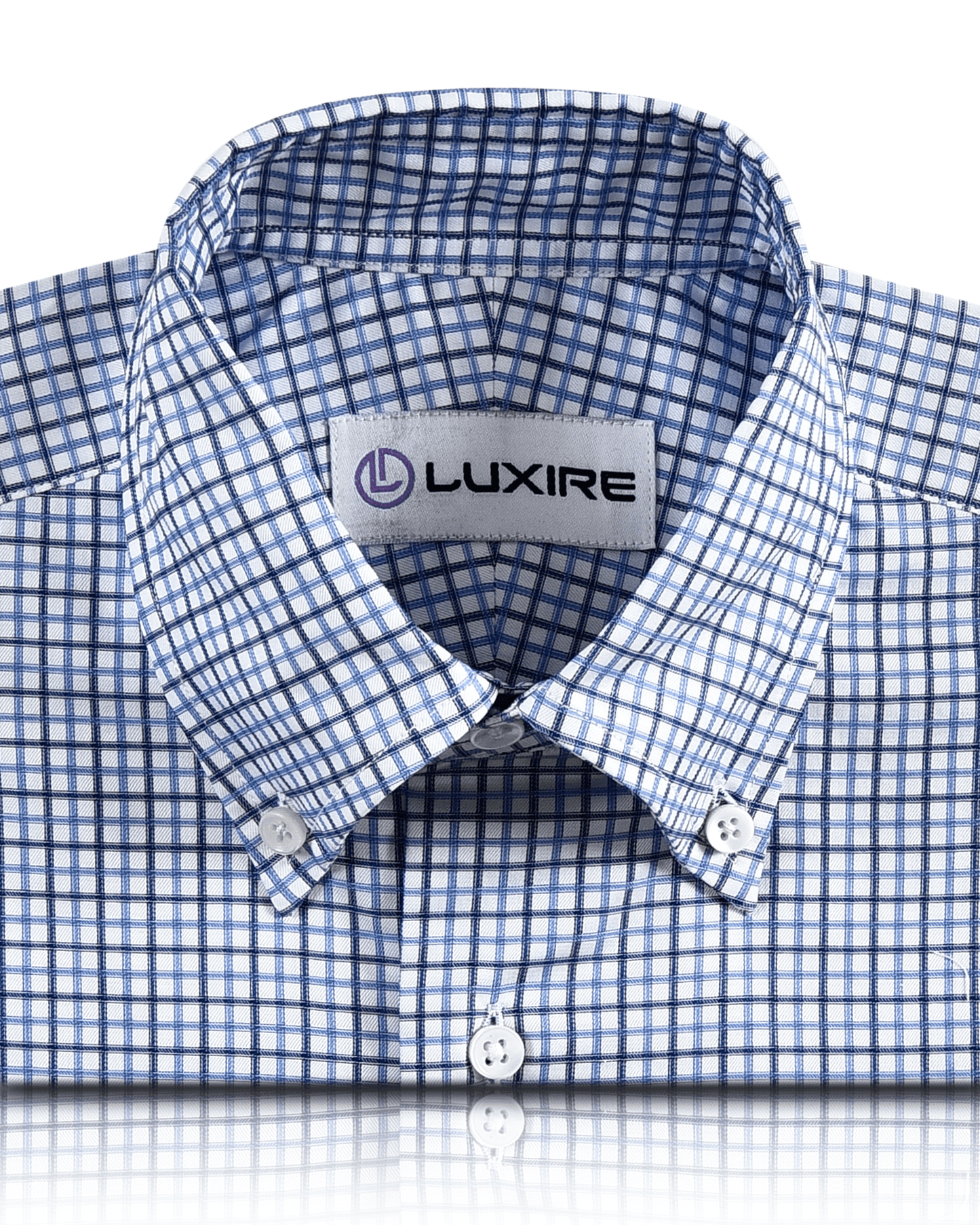 Front view of custom check shirts for men by Luxire in navy sky tattersall