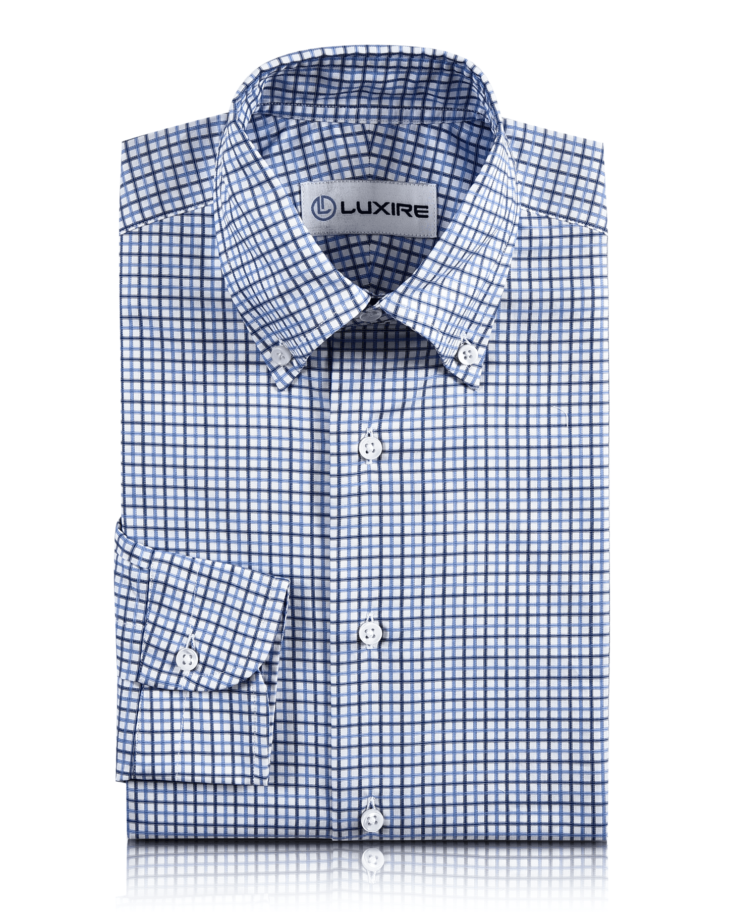Front closeup view of custom check shirts for men by Luxire in navy sky tattersall