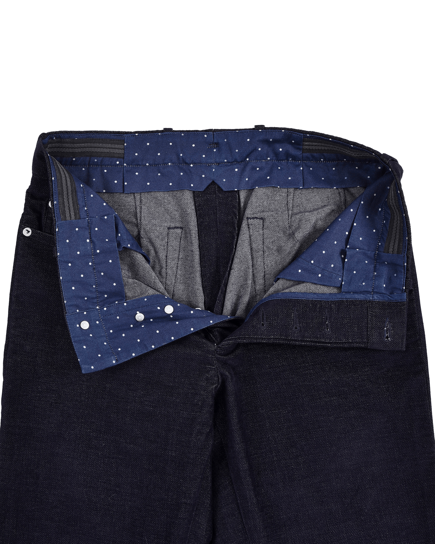Front open view of 4-way stretch jeans for men by Luxire in indigo 2