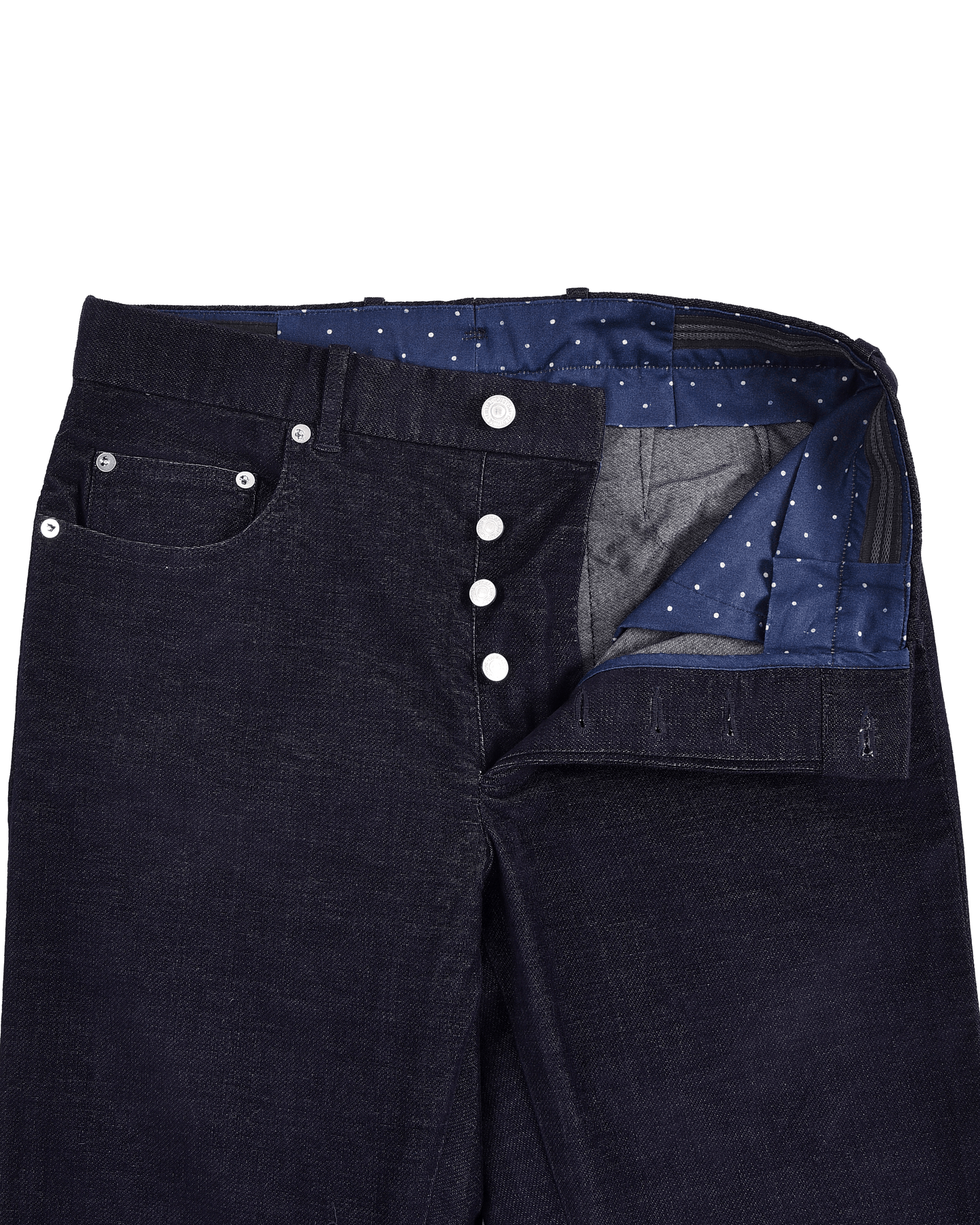 Front open view of 4-way stretch jeans for men by Luxire in indigo
