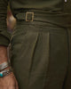 Close up view of custom linen Gurkha pants for men by Luxire in olive