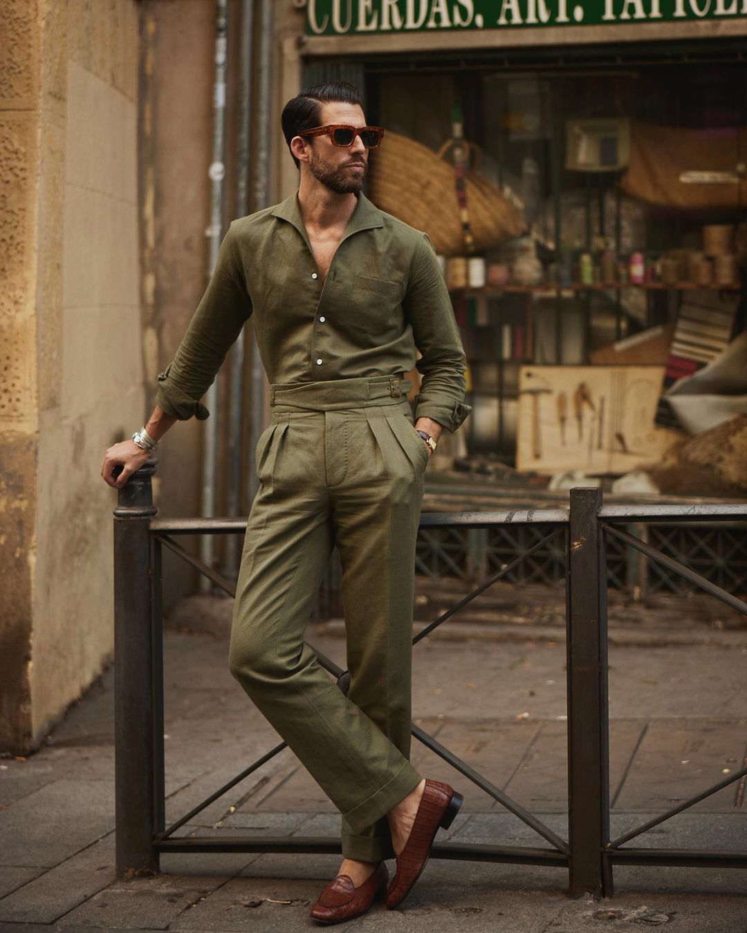 Male model wearing custom linen Gurkha pants for men by Luxire in olive