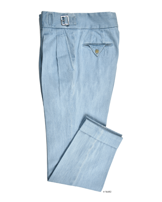 Gurkha Pant in Fade Washed Blue Selvage With Turquoise Tint