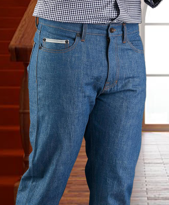Model wearing custom broken slub jeans for men by Luxire in light blue 3