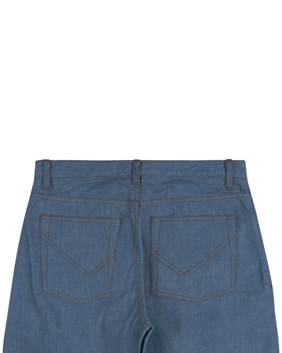 Back view of custom broken slub jeans for men by Luxire in light blue