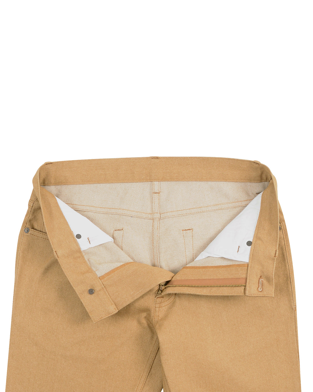 Front open view of denim jeans for men by Luxire in sandstone