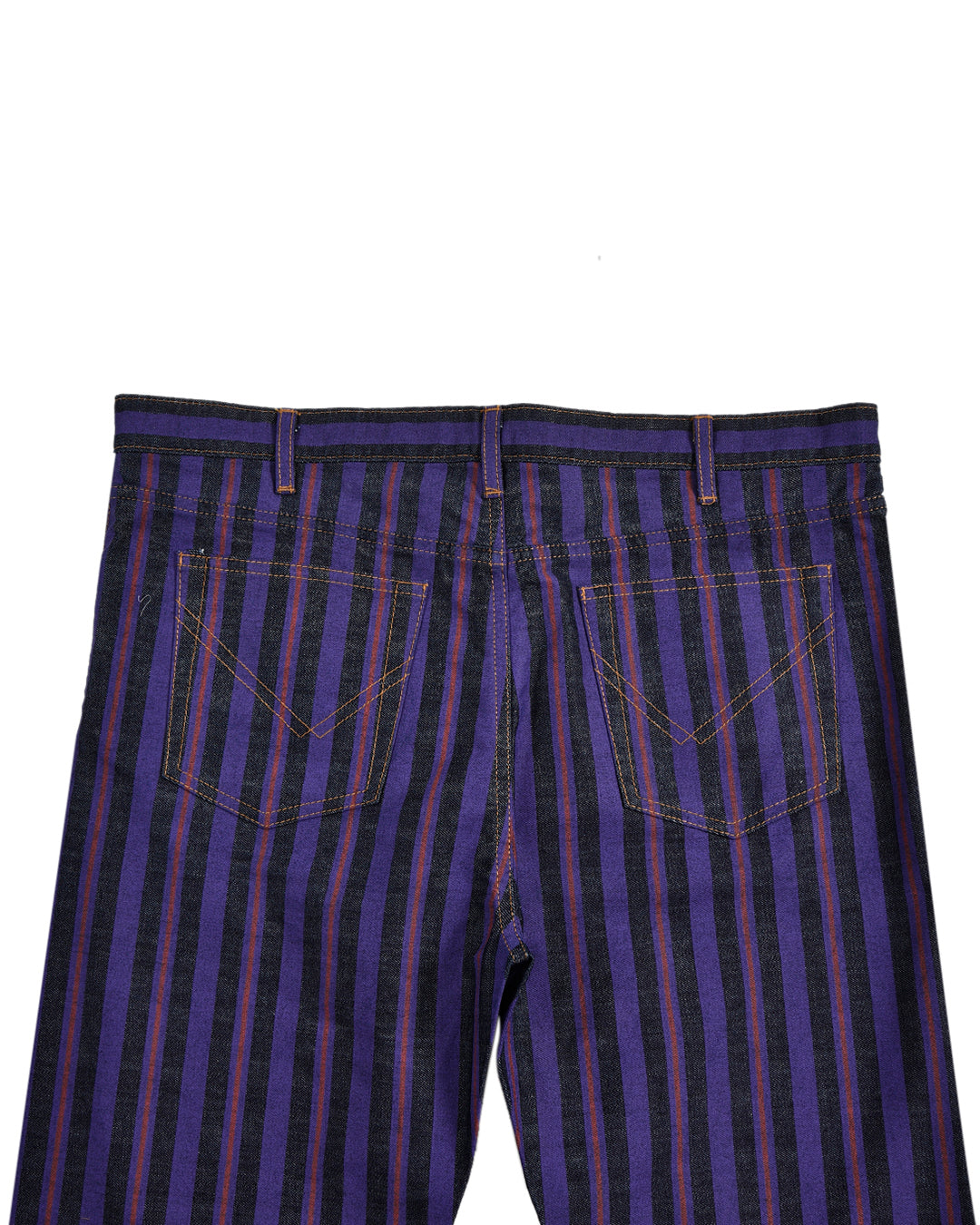 Back view of custom denim jeans for men by Luxire with purple stripes