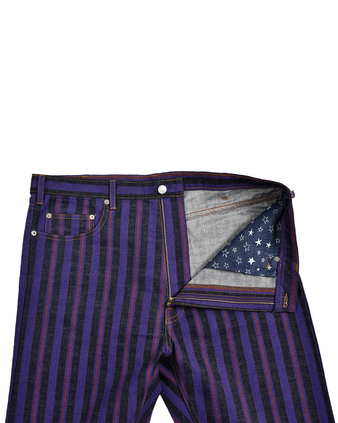 Front open view of custom denim jeans for men by Luxire with purple stripes