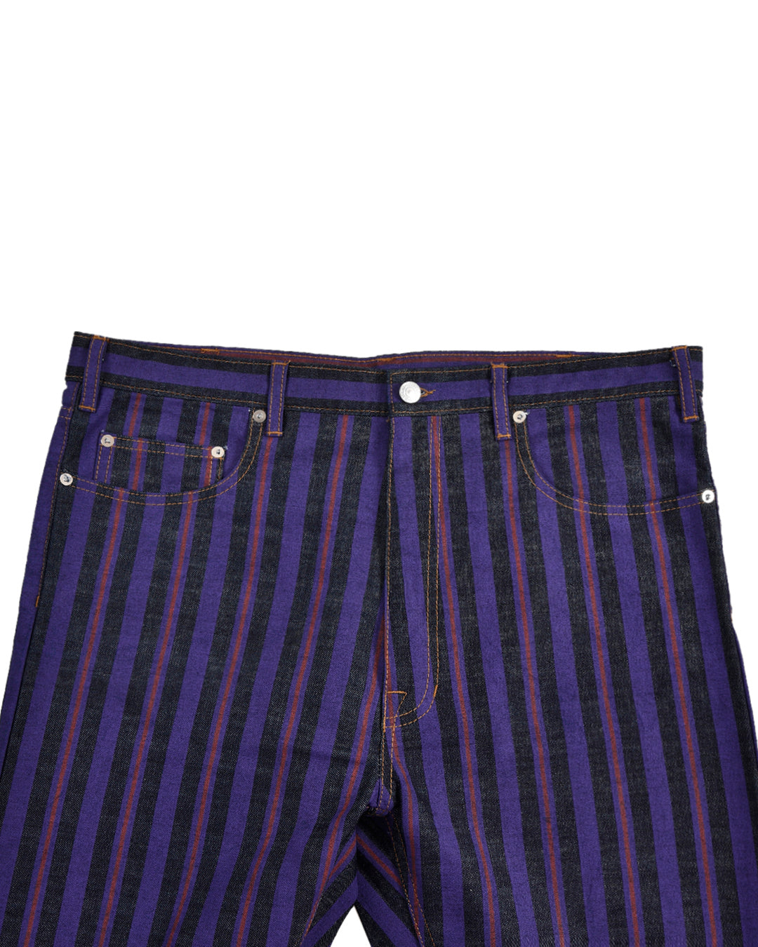 Front view of custom denim jeans for men by Luxire with purple stripes