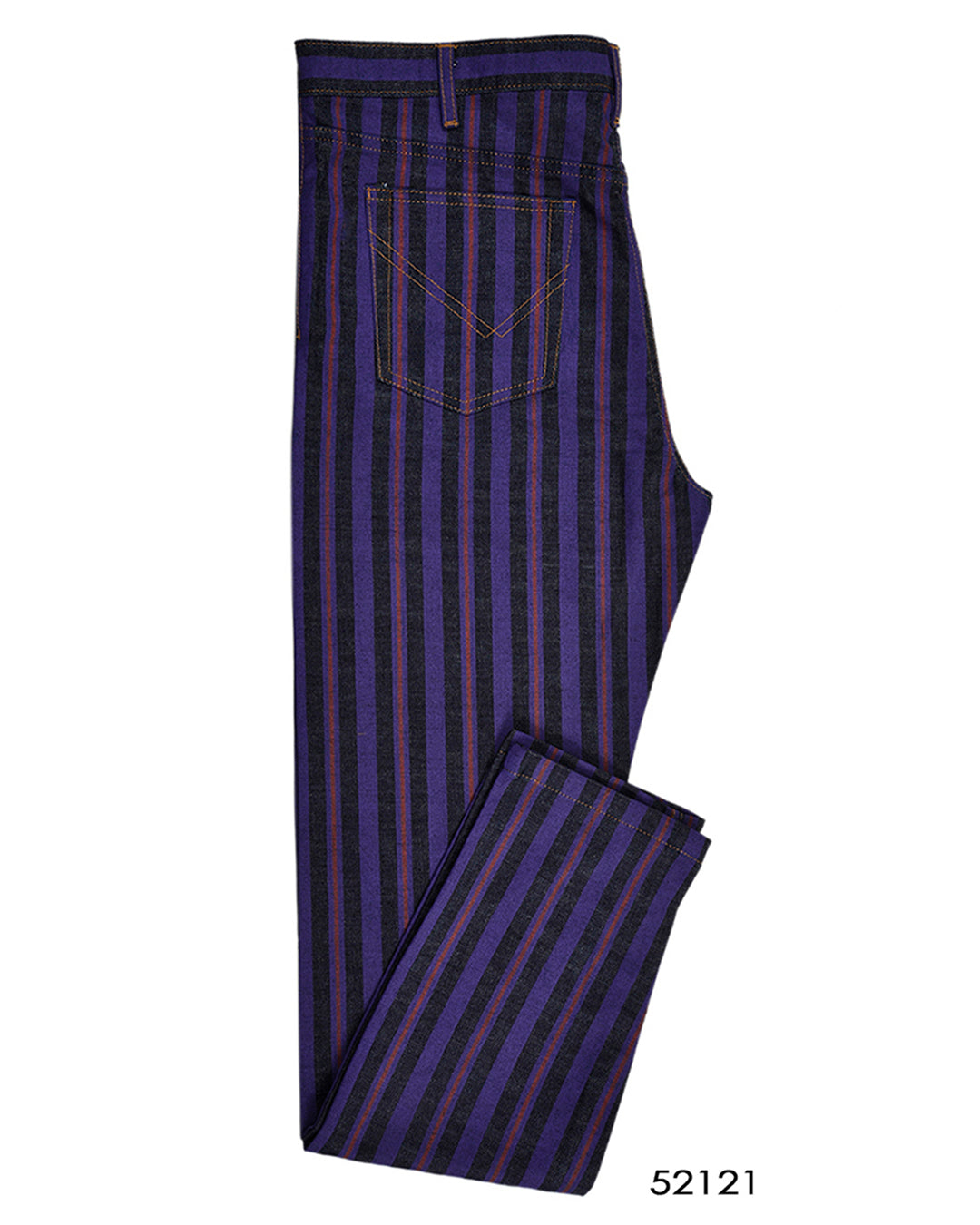 Side view of custom denim jeans for men by Luxire with purple stripes