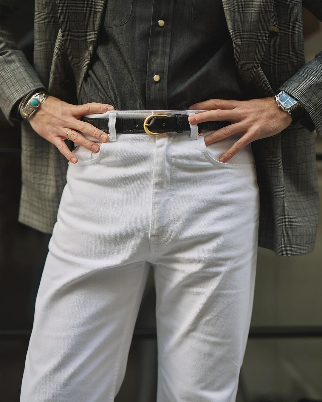 Model wearing mens heavy twill jeans by Luxire in white 2