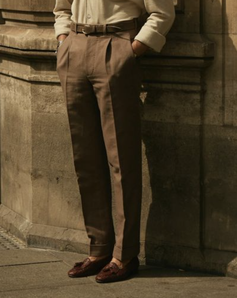 Pleated Custom Men's Linen Pants in Brown Linen Cotton — Luxire Custom Clothing Pleated Custom Men's Linen Pants in Brown Linen Cotton — Luxire Custom Clothing
