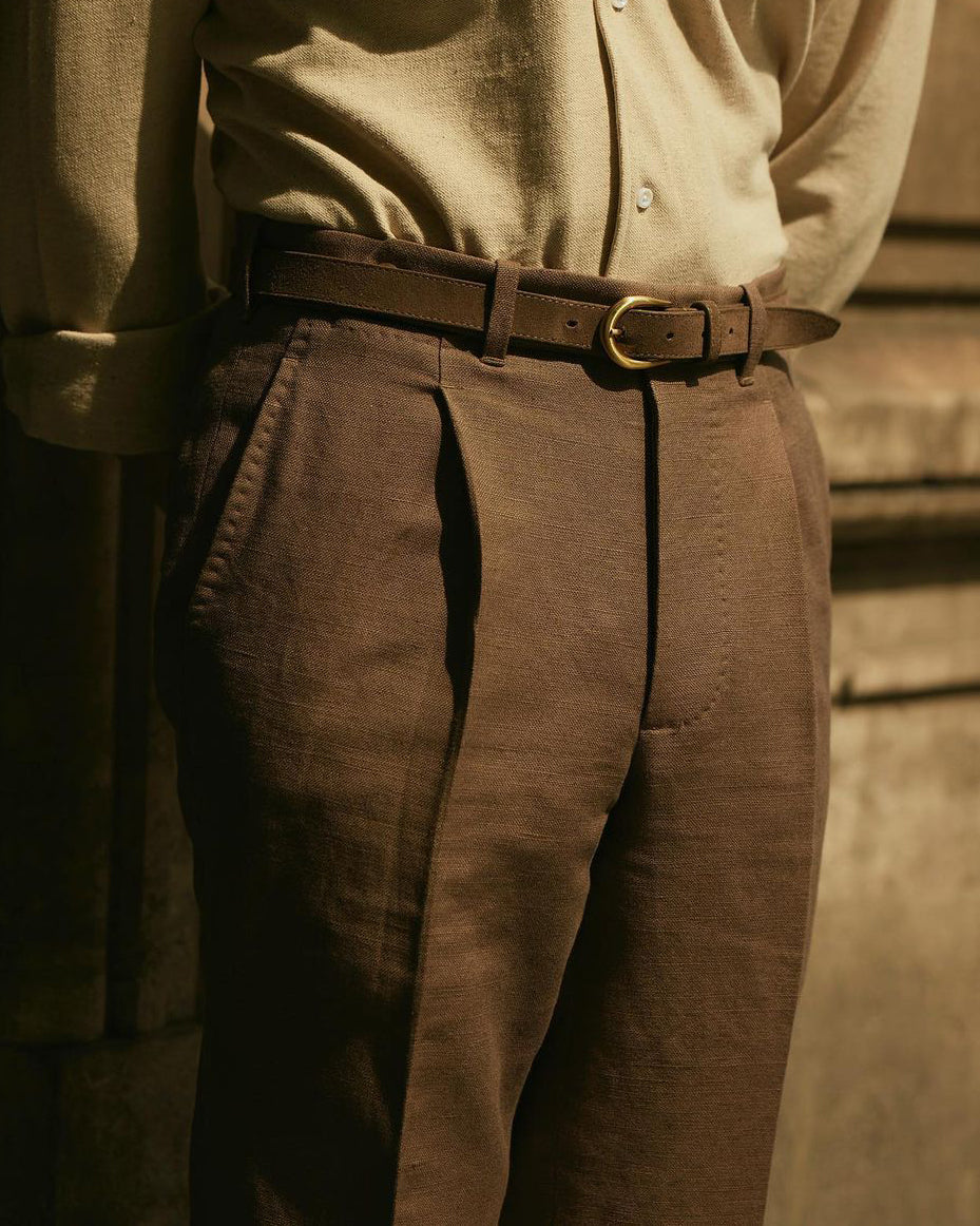Pleated Custom Men's Linen Pants in Brown Linen Cotton Luxire Custom Clothing Pleated Custom Men's Linen Pants in Brown Linen Cotton Luxire Custom Clothing