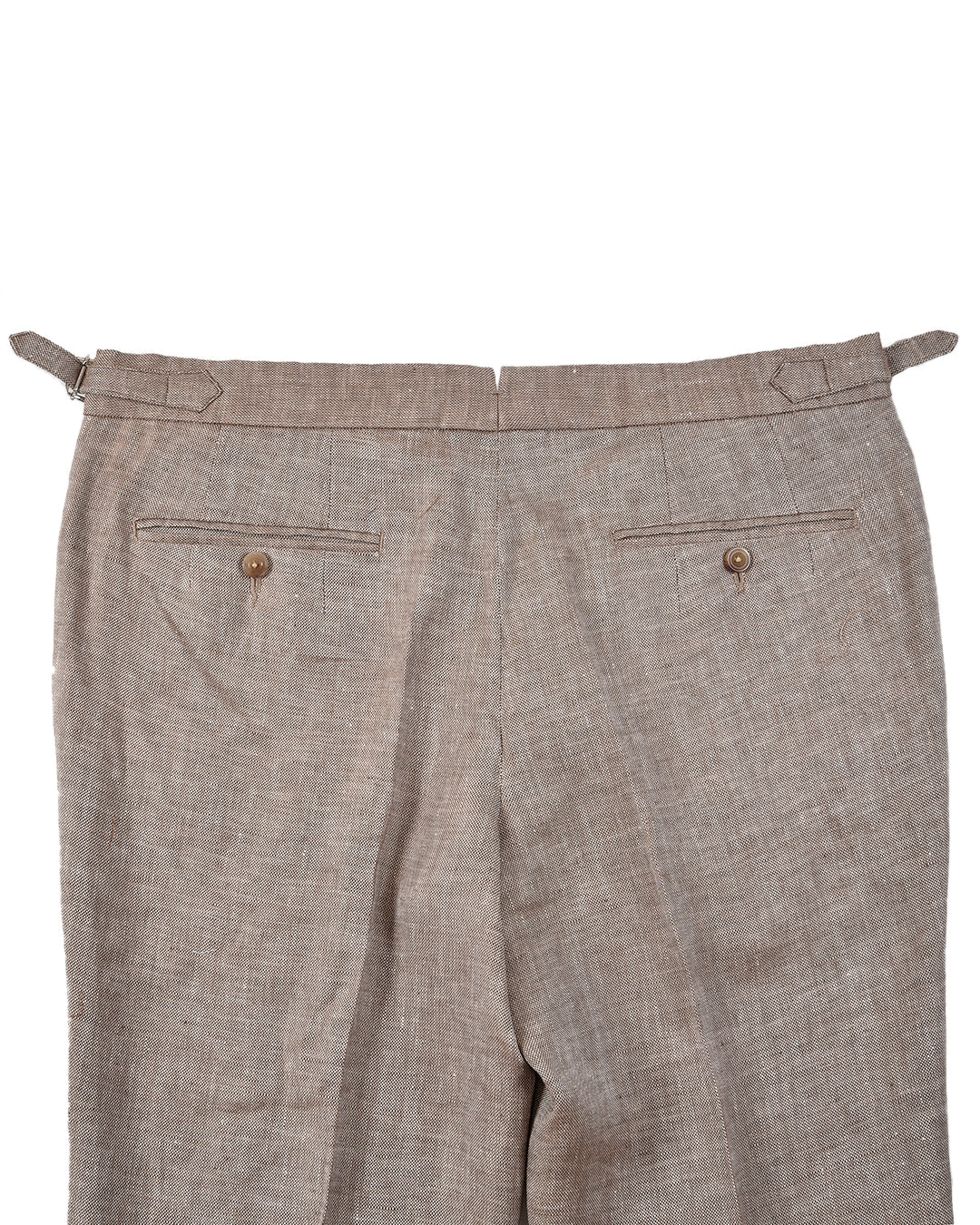 Back view of custom linen pants for men by Luxire in brown cream