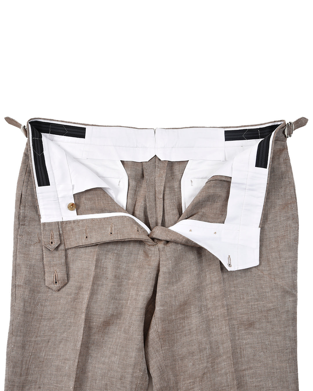 Front open profile view of custom linen pants for men by Luxire in brown cream