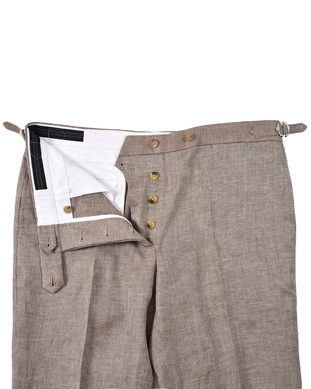 Front open view of custom linen pants for men by Luxire in brown cream