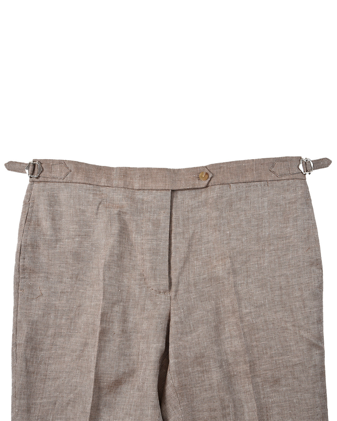 Front view of custom linen pants for men by Luxire in brown cream