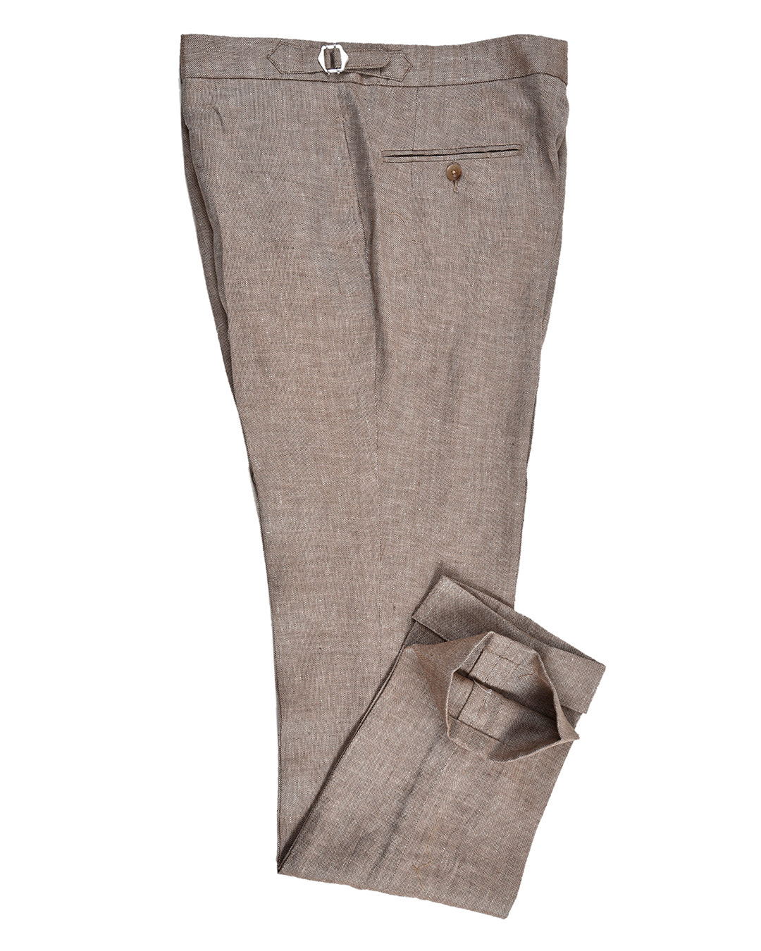 Side profile view of custom linen pants for men by Luxire in brown cream