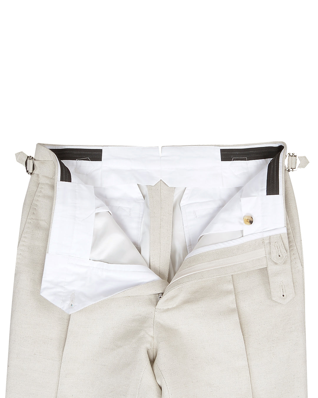 Front open view of custom linen pants for men by Luxire in cream