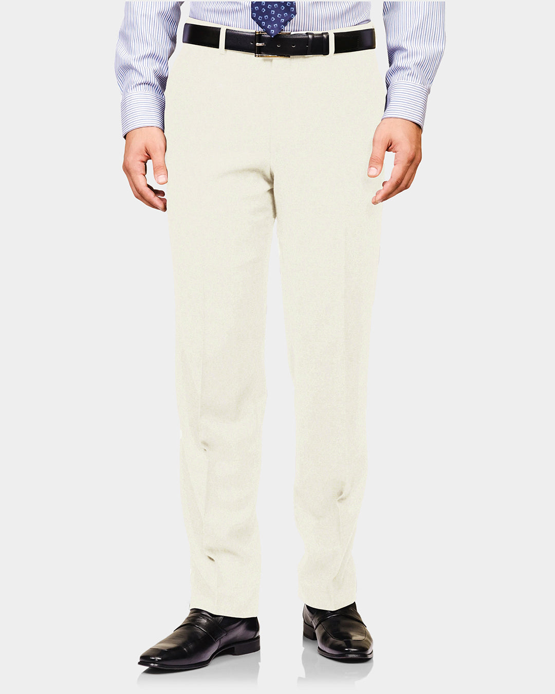 Front view of custom linen sateen pants for men by Luxire in cream