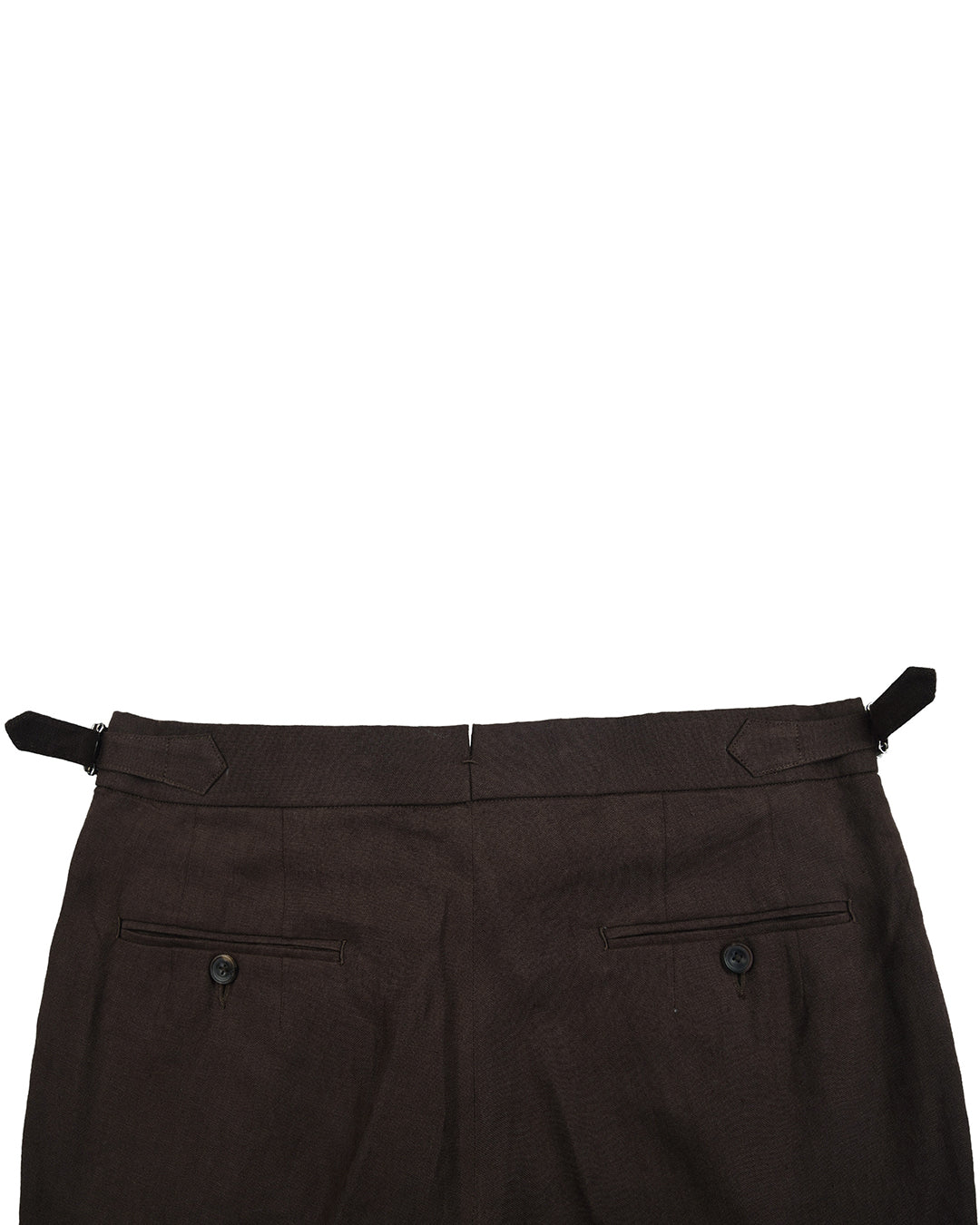Back view of custom linen pants for men by Luxire in dark brown