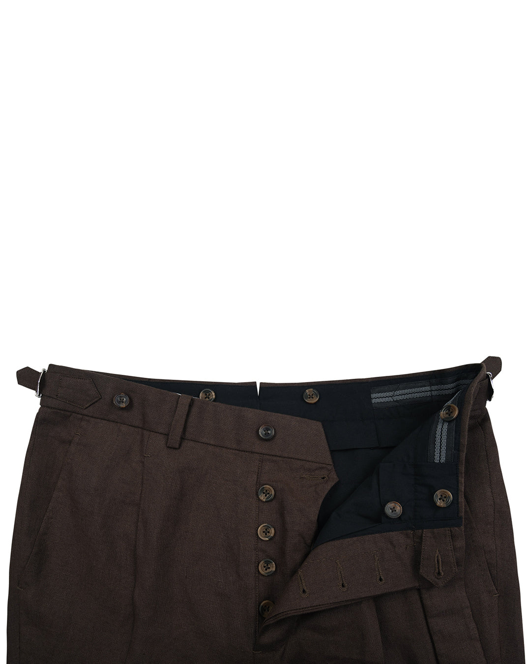 Front open view of custom linen pants for men by Luxire in dark brown